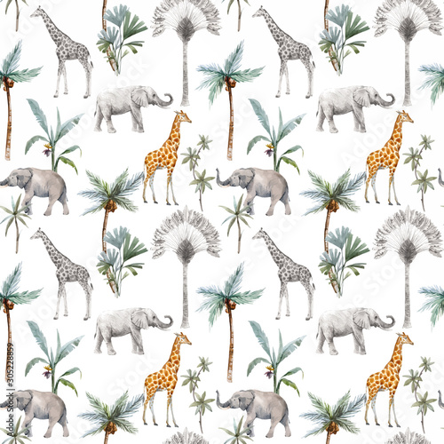 Watercolor vector seamless patterns with safari animals and palm trees. Eleph...