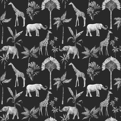 Sierkussen Tropische print patronen Aquarel olifant giraf onder palmbomen  © Zenina-Lembrik