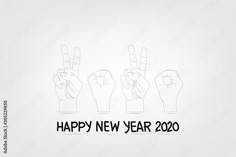 Vecotor Raise two fingers and side of a fist with a message Happy New Year 2020 on vintage background Vecotor Raise two fingers and side of a fist with a message Happy New Year 2020 on vintage background