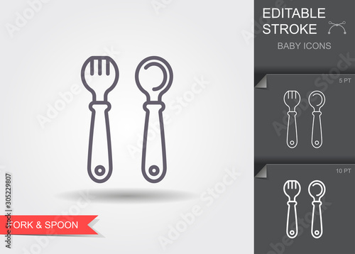 Baby spoon and fork. Line icon with editable stroke with shadow