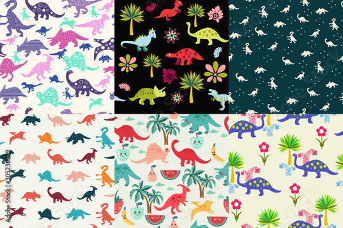 Cute funny cartoon cute dinosaurs and tropical leaves