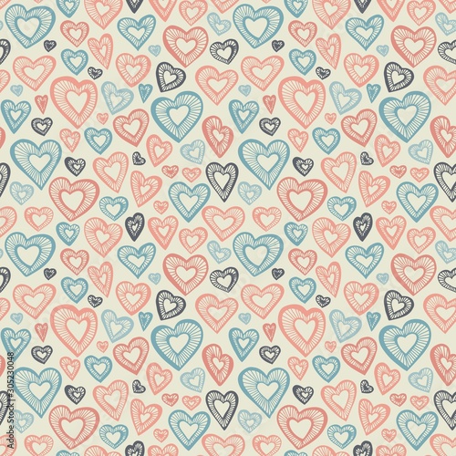 Hand drawn seamless pattern, decorative stylized hearts. Doodle style, tribal graphic illustration