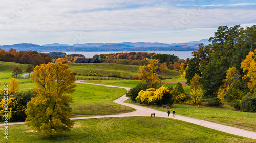 view of Lake Champlain and the Adirondack Mountains in New York from Shelburne Farms in Vermont