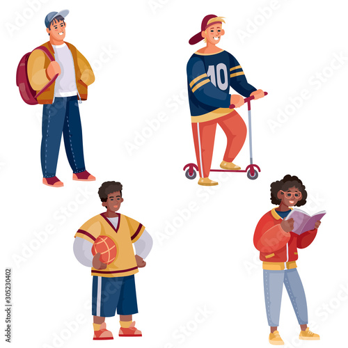 teenagers stand on a white background isolated object with a backpack, scooter, book, ball. Athlete, student, student,