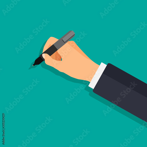 The hand holds a pen in a 3d style. Businessman signs document template. Space for text. Office supplies. Vector isolated on green background.	