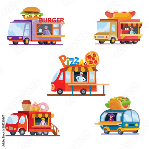 cars sell fast food, stand isolated object on a white background, sell, hamburger, hot dog, tacos, coffee, donut, pizza,
