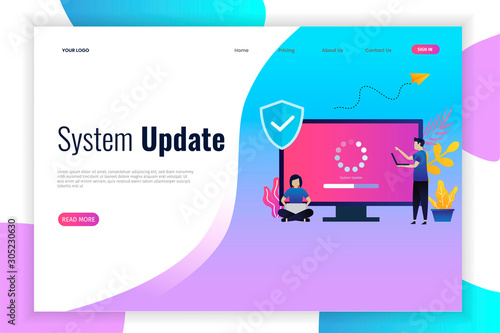 System update flat design with people. This design can be used for websites, landing pages, UI, mobile applications, posters, banner