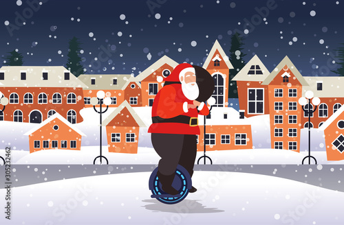 santa claus riding self balancing mono wheel personal electrical transport merry christmas happy new year winter holidays celebration concept snowy cityscape background horizontal vector illustration