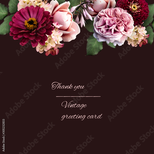 Vintage floral card. Pink roses, zinnia, hydrangea isolated on dark background. Template for greeting card, wedding invitations. © RinaM