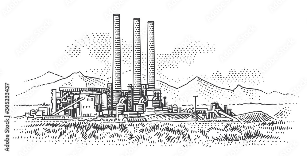 Fototapeta Power plant engraving style illustration. Industrial landscape drawing, sketch. Vector, sky in separate layer.