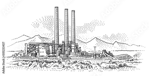 Power plant engraving style illustration. Industrial landscape drawing, sketch. Vector, sky in separate layer. 
