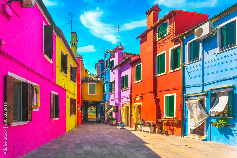 Venice landmark, Burano island square and colorful houses, Italy