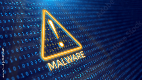 Detecting malware program concept - binary code and malware warning. 3d rendering