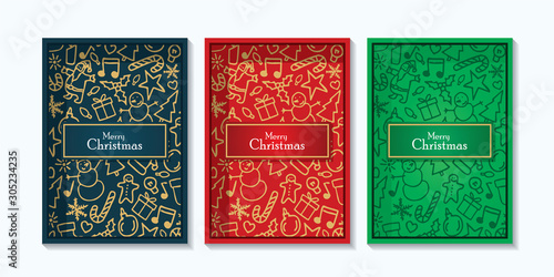 Christmas card set with christmas greeting on deep background with christmas ornament doodle patten