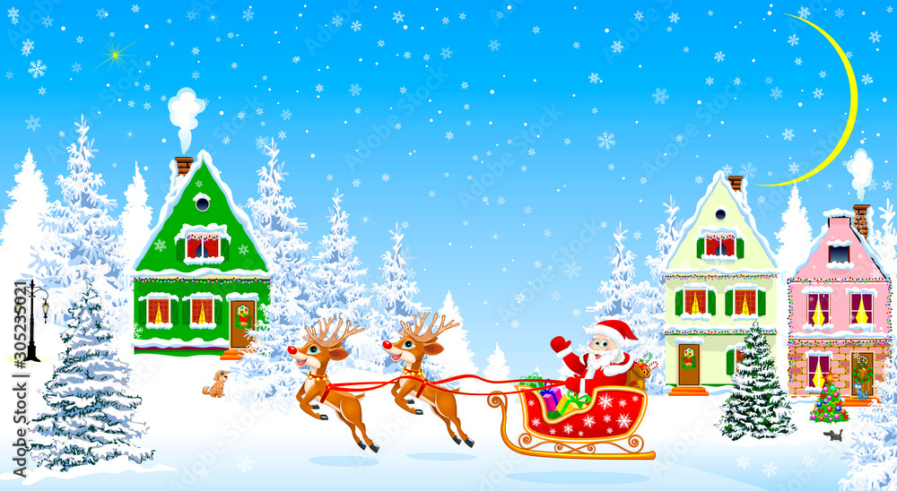 Santa on deers on the background of houses and forest. Santa Claus with presents on a sleigh. Houses, snow, snowy firs. Snowflakes. Winter night, the moon