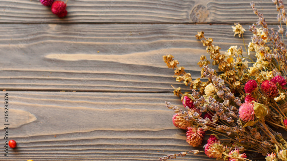 Dry flowers on a wooden background, place for text Dry flowers on a wooden background, place for text