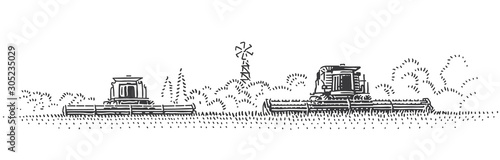 Combine harvesters working in field. Harvesting engraving style illustration. Combine harvesters in countryside drawing. Vector. 
