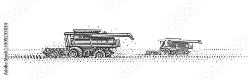 Combine harvesters working in field. Harvesting engraving style illustration. Vector. 