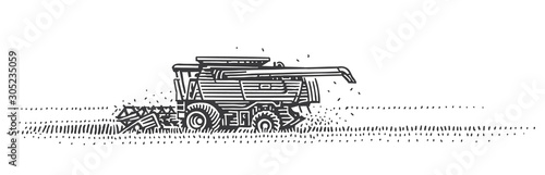 Combine harvester working in field. Wheat harvesting illustration. Engraved. Vector. 