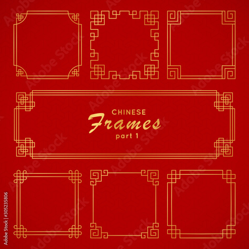 Asian frame set in vintage style on red background. Traditional chinese ornaments for your design. Vector golden japanese pattern. Artwork graphic, asian culture decoration