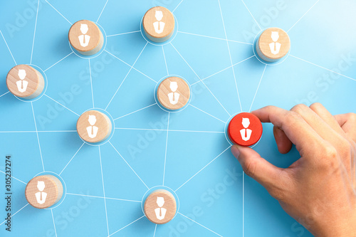 hand picked a red wooden block with person icon on blue background, Organisation structure, social network, leadership, team building, recruitment business, management and human resources concepts. photo