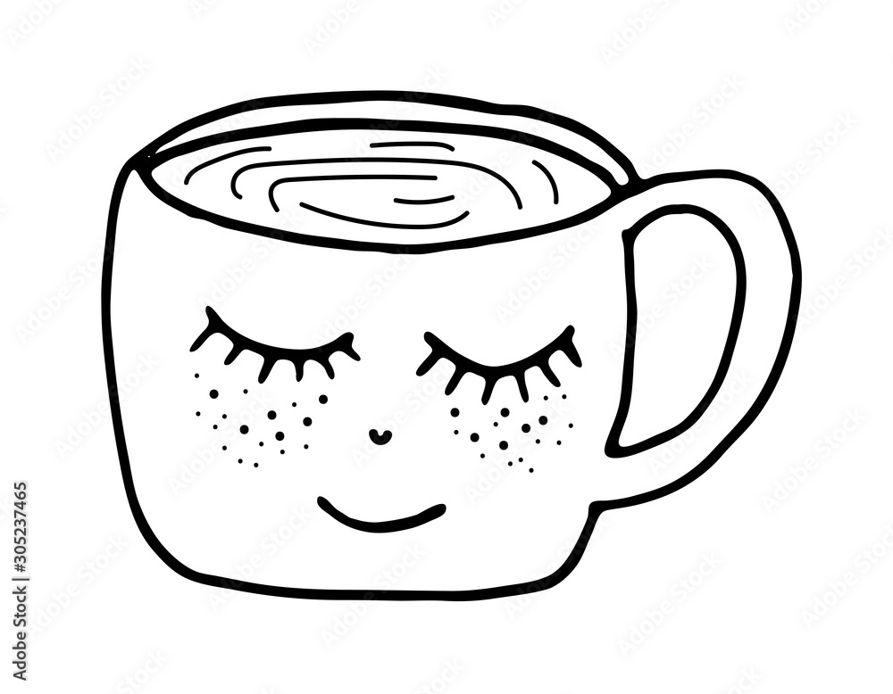 Black and white cup vector illustration. Hand drawing outline mug with eyes in Scandinavian style. Hygge dishes. Black and white cup vector illustration. Hand drawing outline mug with eyes in Scandinavian style. Hygge dishes.
