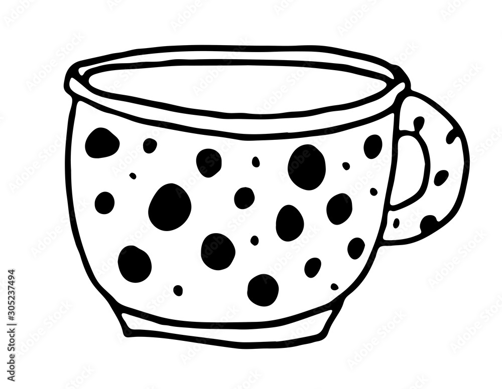 Monochrome vector contour drawing of couple of tea cups with