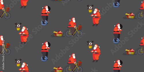 set santa claus riding mono wheel cycling and controlling drone merry christmas happy new year winter holidays celebration concept seamless pattern horizontal full length vector illustration