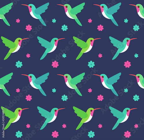 Hummingbirds and flowers seamless pattern