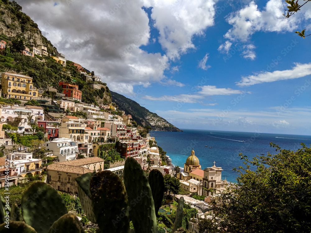 View of Positano village on a cloudy day.