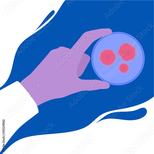 Scientist in a glove holding a petri dish with mold fungi. Moss culture for microbiology research tests in the chemical laboratory. Biotechnology science lab equipment. Vector illustration.