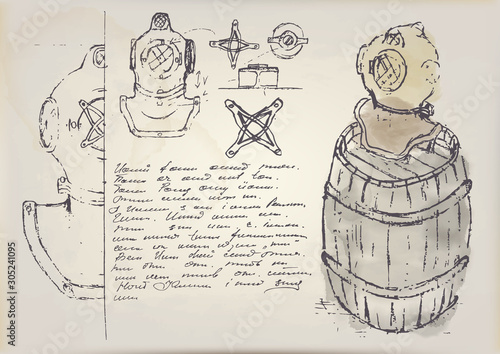 handmade sketches with a pencil on old paper with yellow spots. the scheme of the underwater metal of the helmet. watercolor sketch of a wooden barrel. unreadable inscriptions 