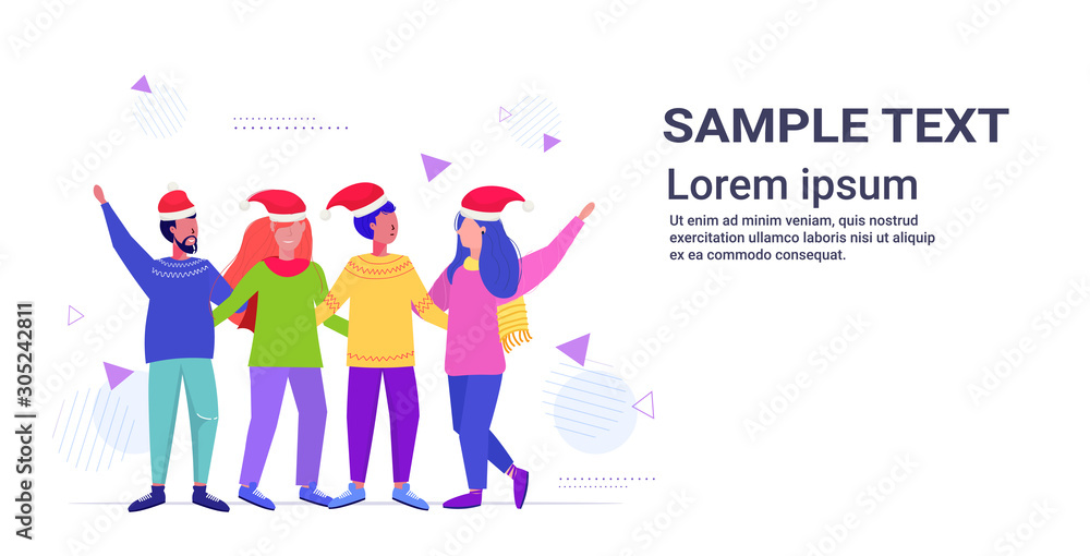 people in santa hats standing together having fun mix race men women embracing merry christmas happy new year winter holidays celebration concept horizontal full length copy space vector illustration