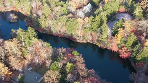 Aerial view of Beautiful Japan autumn at Kumoba Pond with red leaves photo