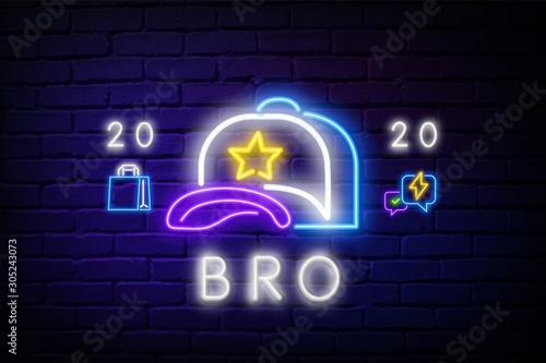 Baseball cap neon sign. Glowing baseball cap on brick wall background. Vector illustration can be used for topics like wardrobe, clothing, fashion