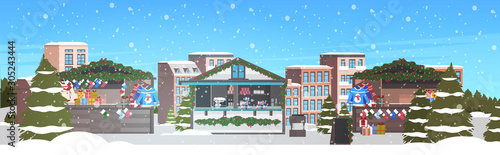 christmas market or holiday outdoor fair merry xmas new year winter holidays celebration concept cityscape snowfall background horizontal vector illustration