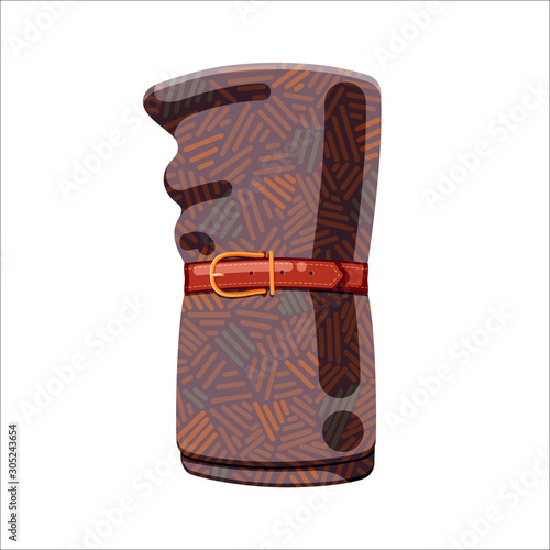 Woolen colorful rolled plaid blanket. Warm travelers cover for hiking. Tourists equipment design elements. Flat cartoon vector illustration for poster, web design, banner, icon, logo or badge.