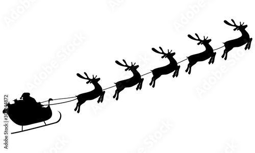 Christmas reindeers are carrying Santa Claus in a sleigh with gifts.
