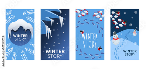 Set of abstract winter backgrounds for social media stories. Colorful winter banners with snowy scenes. Best for banner, flyer, invitation, discount voucher, ad. Vector eps 10