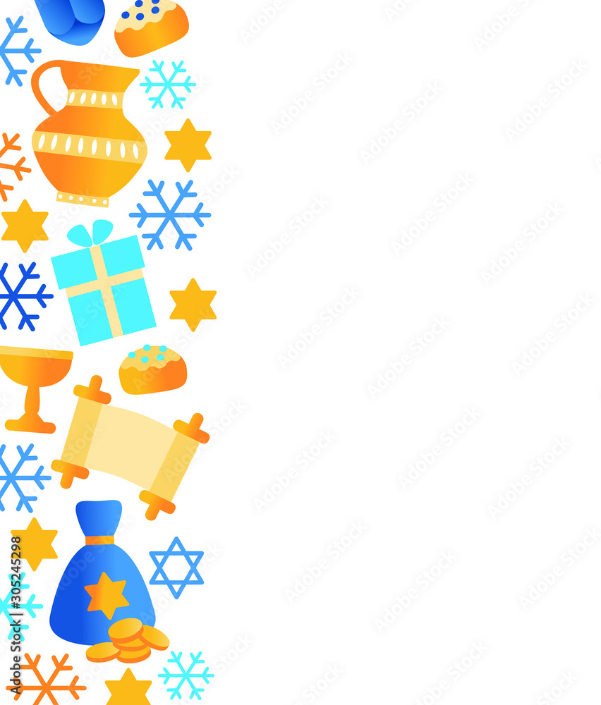 Naklejka premium Jewish holiday, traditional Hanukkah card, symbols of Hanukkah symbols - wooden spinning top, donuts, menorah candles, jar of oil, star of David. Illustration Vector isolated on white. EPS10.