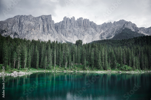 The beautiful and colourful lake of carezza in Trentino Alto Adige, North of Italy