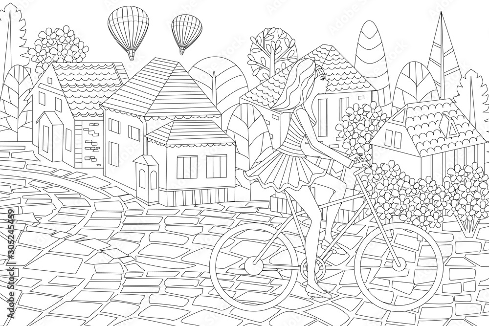 fashion girl riding bicycle in sweet town for your coloring book