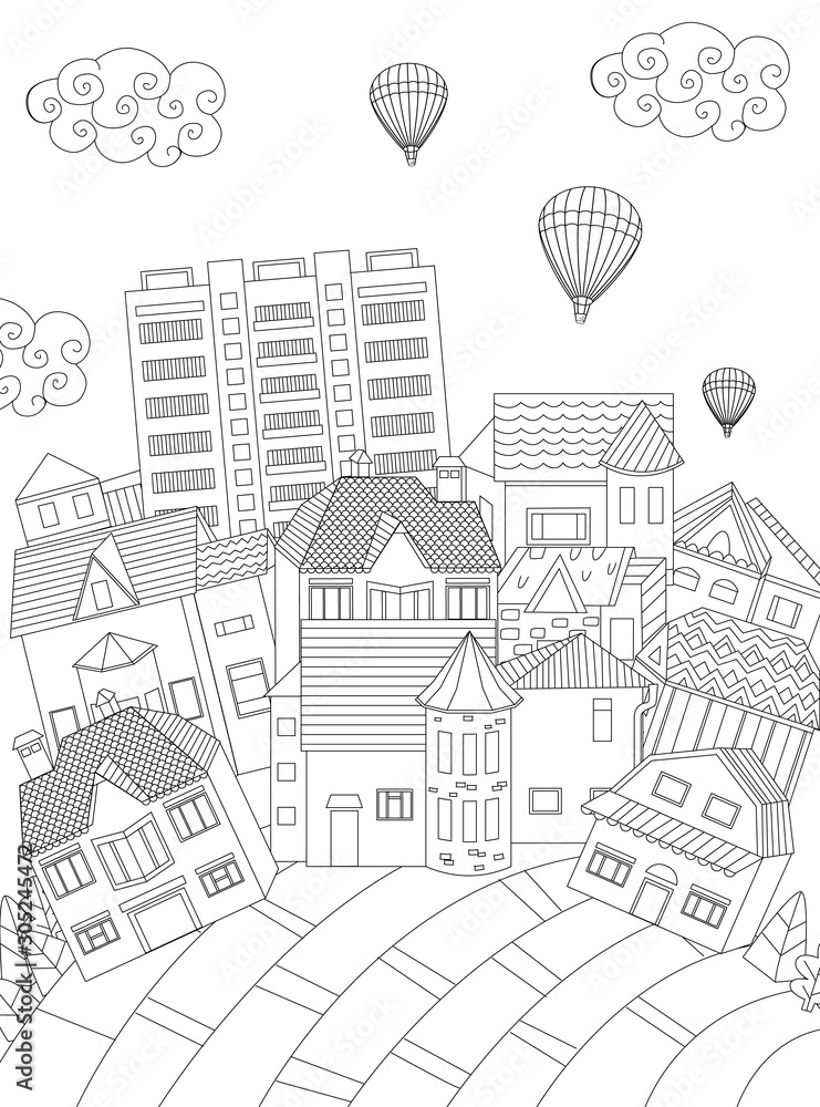 funny cityscape with hot air balloons in the sky for your colori