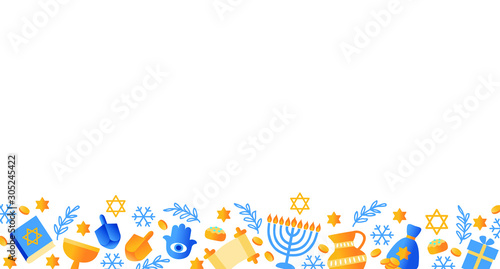 Jewish holiday, traditional Hanukkah card, symbols of Hanukkah symbols - wooden spinning top, donuts, menorah candles, jar of oil, star of David. Illustration Vector isolated on white. EPS10.
