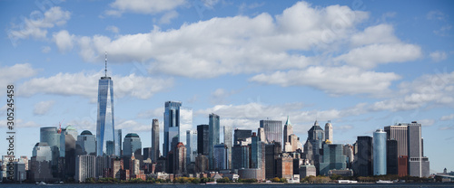 The stunning skyline of New York City as seen from ellis island, in a sunny day of october.