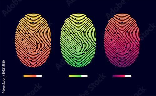 Fingerprints. Cyber security concept. Digital security authentication concept. Biometric authorization. Identification. Vector illustration of the fingerprint of different colors on a black background