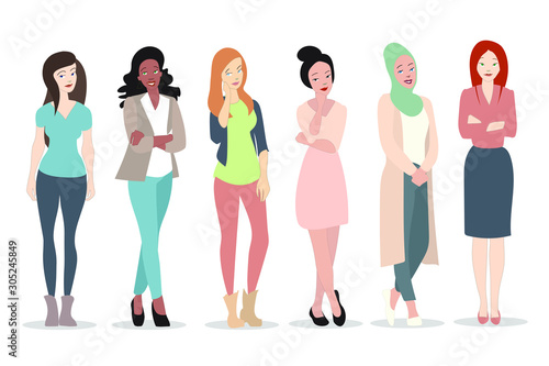 Young girls with different outfits, creed and race placed on white background. Women in flat design.- Vektorgrafik