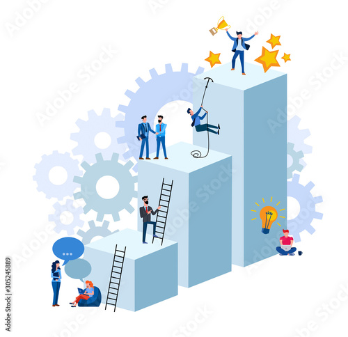 Employee's path to success. Flat modern design vector illustration of an employee from the team going to the top of success. Concept illustration of hard work to success isolated on white background