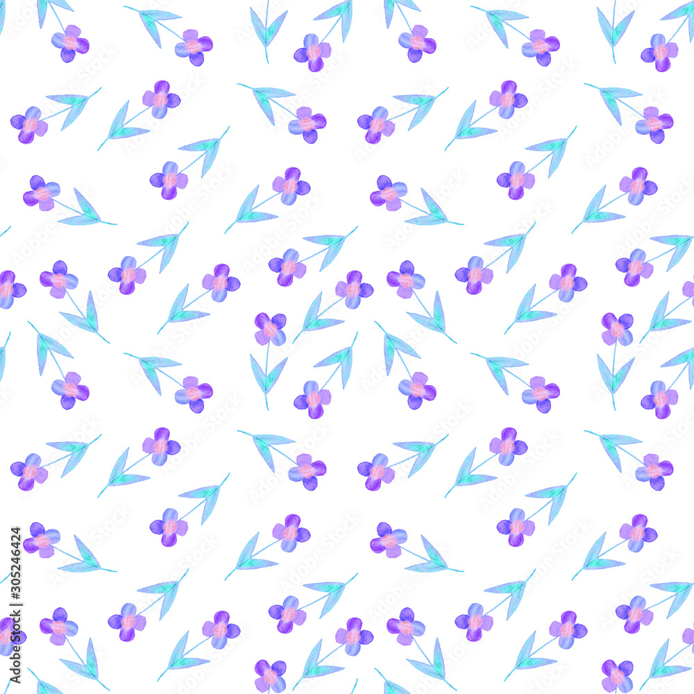 Children's drawing style, flowers seamless pattern. Colorful summer or spring flowers background. Color design.