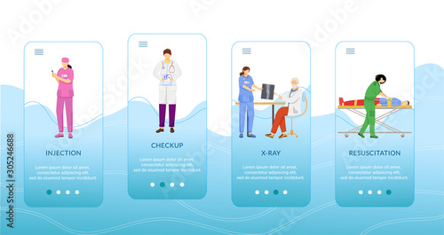 Medical procedures onboarding mobile app screen vector template. Injection, checkup, resuscitation. Walkthrough website steps with flat characters. UX, UI, GUI smartphone cartoon interface concept